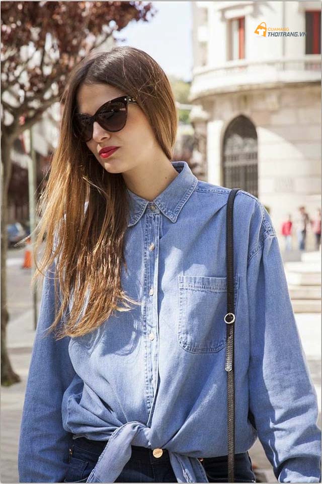 Áo sơ mi denim buộc nơ cá tính mới lạ
