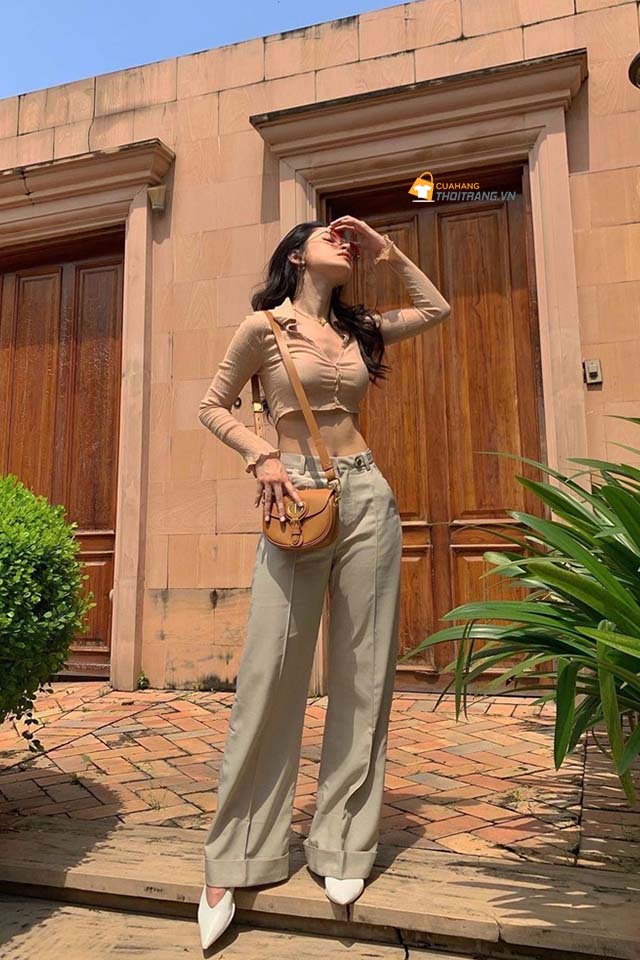 Áo cardigan dài tay dáng croptop kết hợp với quần âu cạp cao hack dáng cực đỉnh