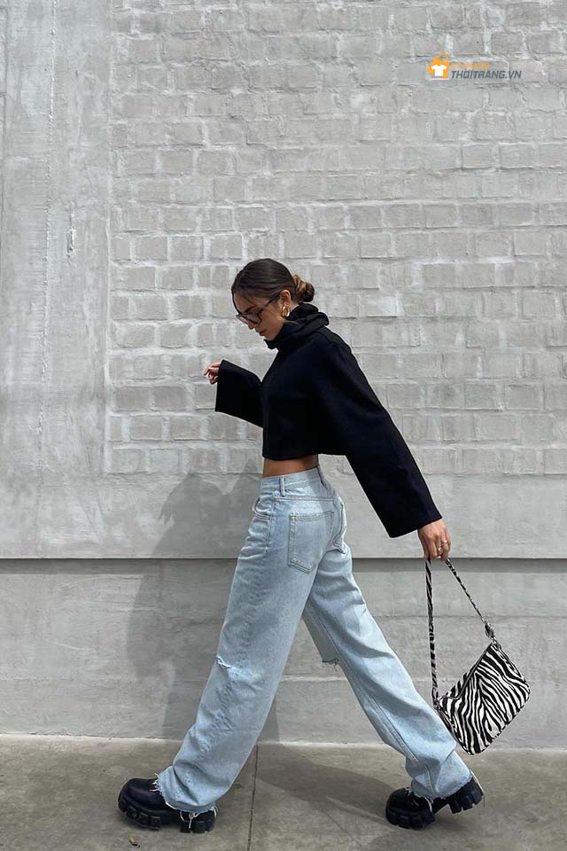 Áo dài tay dáng croptop kết hợp quần jean cạp cao siêu hack dáng