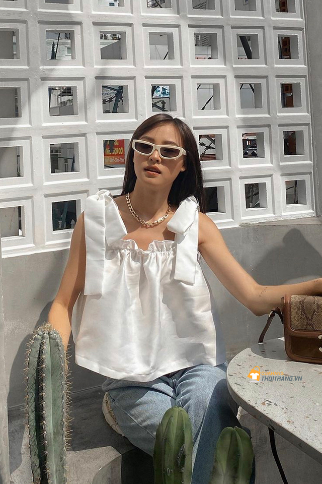 Áo hai dây thắt nơ vai dáng rộng cá tính