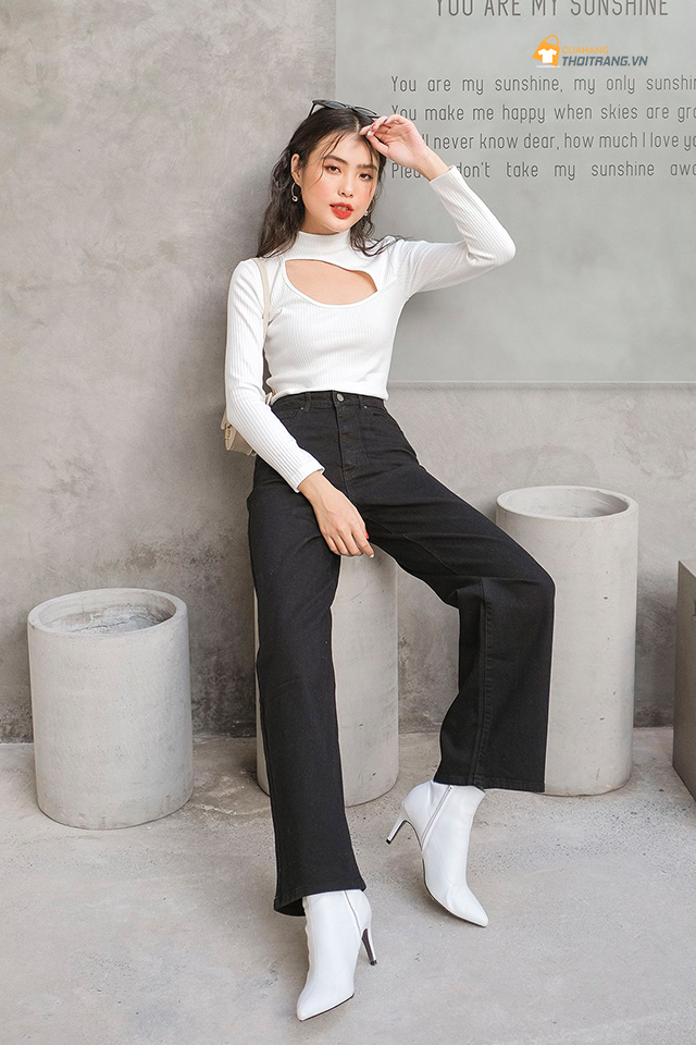 Áo cut out lệch ngực phối quần ống rộng hack dáng cực đỉnh